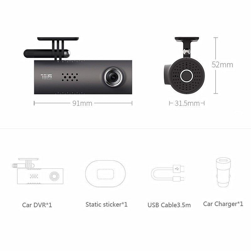 Smart Wi-Fi car camera with 130° wide-angle lens, 1080p Full HD resolution, night vision function and G-sensor for recording journeys