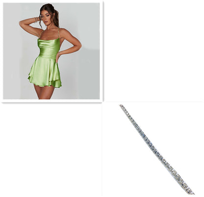 Elegant slim-fit satin dress, backless cut, lace-up A-line