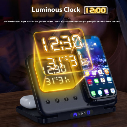 15W wireless charging station with 5-in-1 LED digital alarm clock and fast charging function