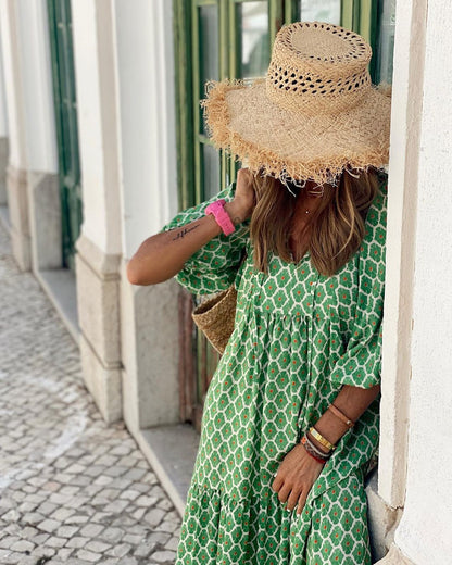 Vintage Print Boho Stil Elegant V-Ausschnitt Kleid