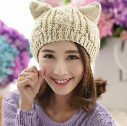 Handgefertigte Niedliche 3D Katzenohren Strickmütze