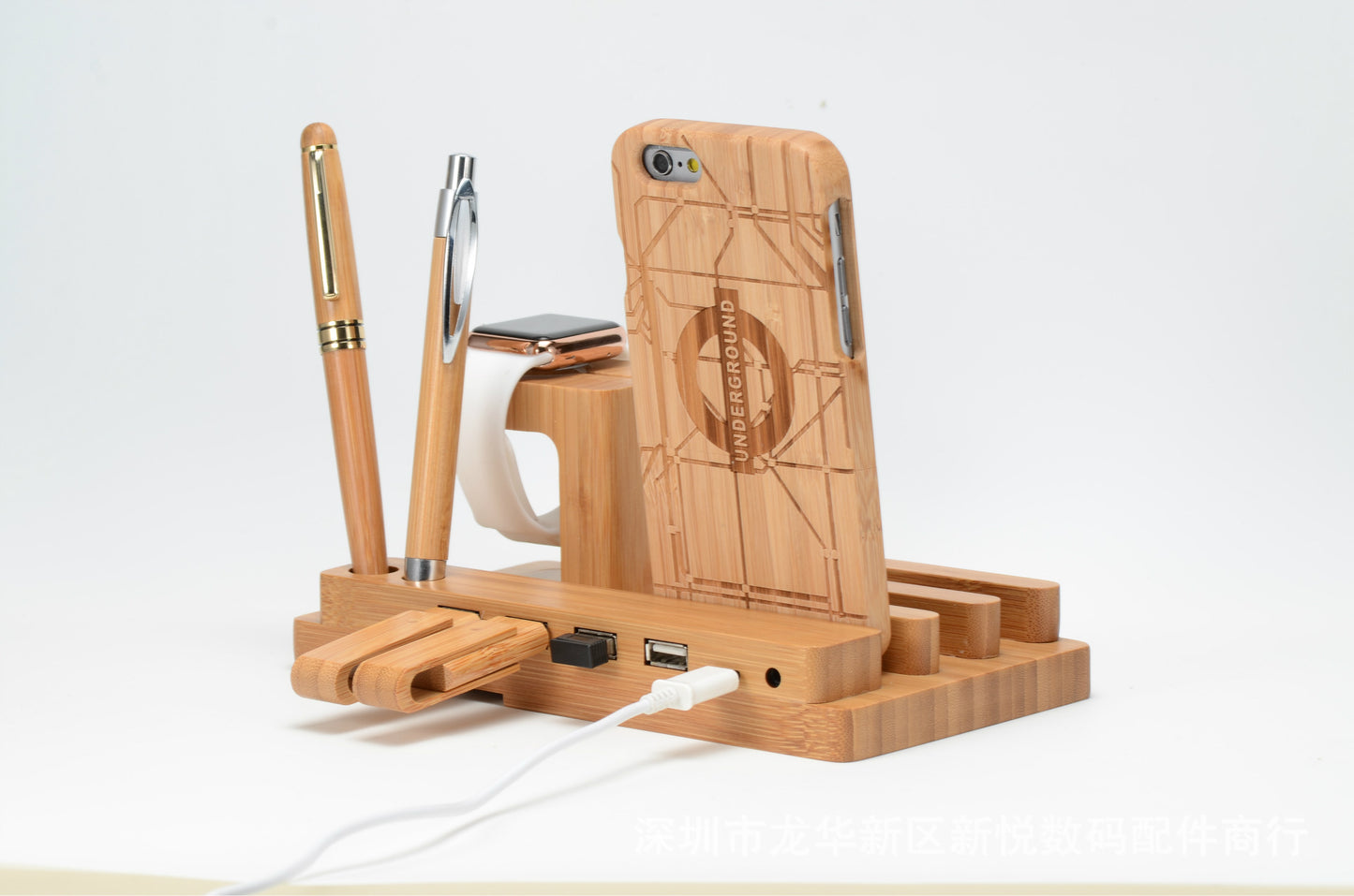 Compatible with Apple, bamboo, wood and phone holder for Apple Watch, wooden charging cradle, multifunctional flat phone base