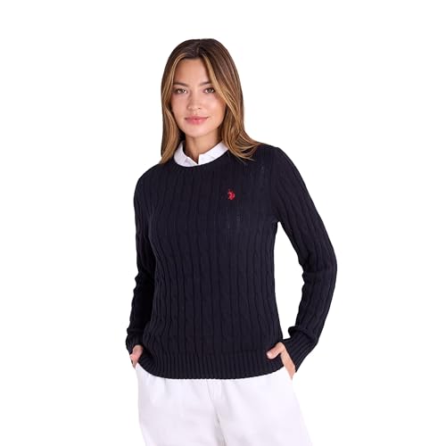 U.S. Polo Assn. Damen Pullover mit Rundhalsausschnitt, Raglan, Zopfmuster, gestreift, Schwarz