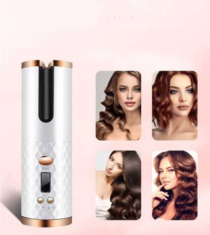 Rechargeable automatic curling iron for women, portable, with LCD display, ceramic curling function, rotating curling iron and wave shapes