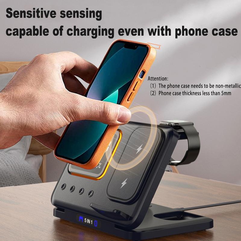 15W wireless charging station with 5-in-1 LED digital alarm clock and fast charging function
