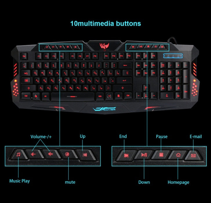 J10 dreifarbige Hintergrundbeleuchtung, kabelgebundenes Gaming-Tastaturset, farbenfrohe leuchtende Gaming-Maus, Tastatur, russische Tastatur