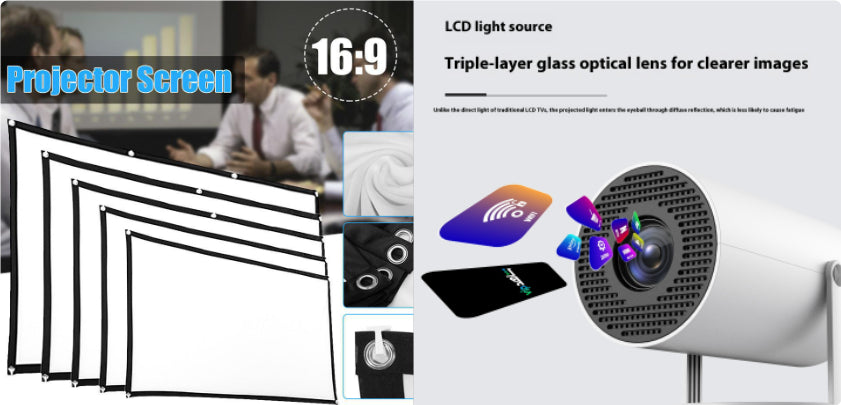 Portable, small projector with straight projection angle for home use, 180-degree projection angle, autofocus, home video projector