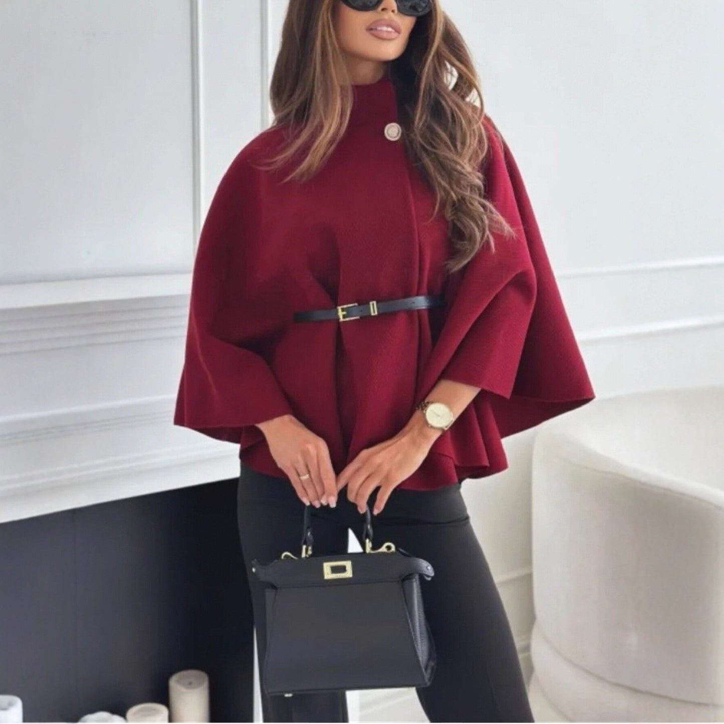 Stand-up collar, batwing sleeves, cape top, belt, fashionable, spirited jacket