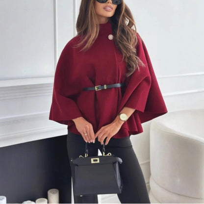 Stand-up collar, batwing sleeves, cape top, belt, fashionable, spirited jacket