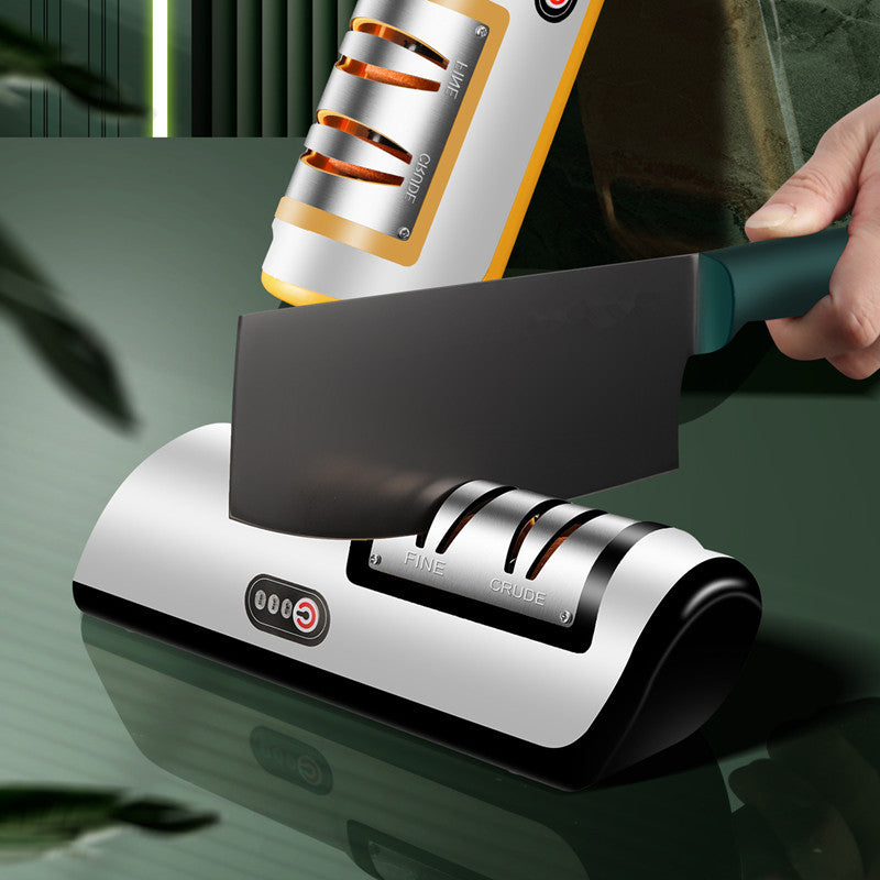 Rechargeable electric knife sharpener with USB connection, automatically adjustable, kitchen helper for quickly sharpening knives, scissors and grinding machines