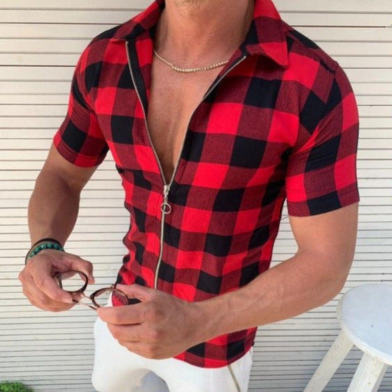 Checkered short-sleeved zip-up shirt