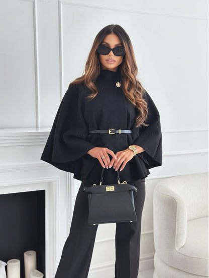 Stand-up collar, batwing sleeves, cape top, belt, fashionable, spirited jacket