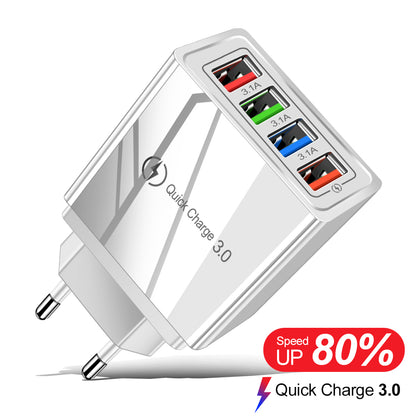 USB charger Quick Charge 3.0 4-port adapter for tablets, portable wall charger, fast charger