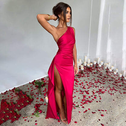 Sexy, off-the-shoulder, backless summer dress with a slit – elegant, figure-hugging, solid color, made of satin for women