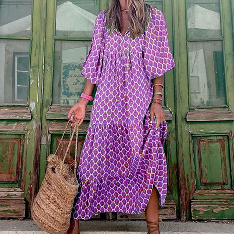 Vintage Print Boho Stil Elegant V-Ausschnitt Kleid