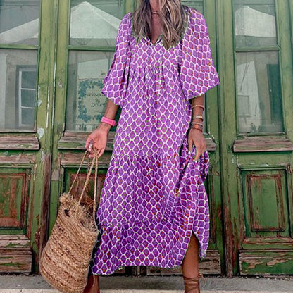 Vintage Print Boho Stil Elegant V-Ausschnitt Kleid