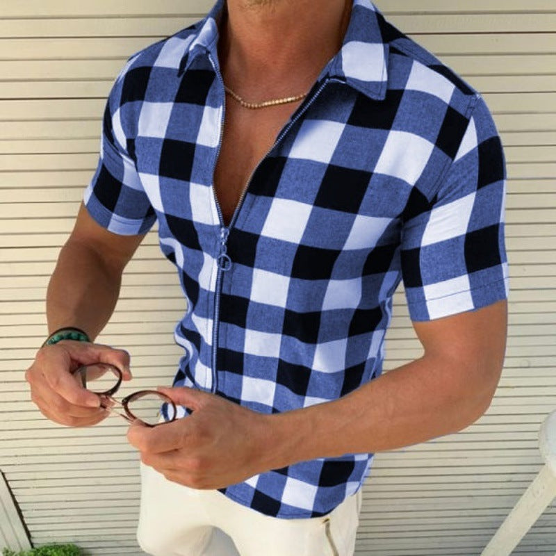 Checkered short-sleeved zip-up shirt