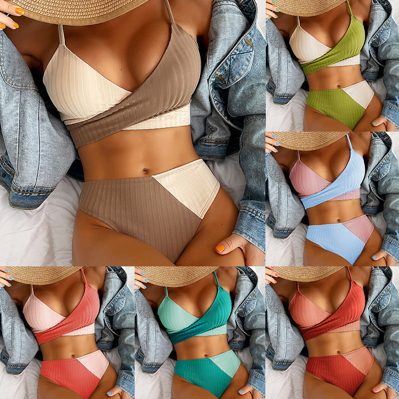 Patchwork Gerippter Knotenrücken Trägertop Slip 2-teiliges Bikini-Set