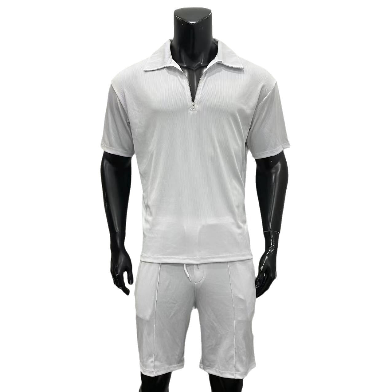 Casual Reißverschluss Kurzarm Kordelzug Poloshirt Shorts Set