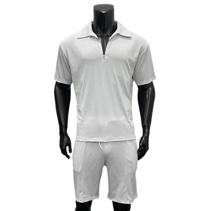 Casual Reißverschluss Kurzarm Kordelzug Poloshirt Shorts Set