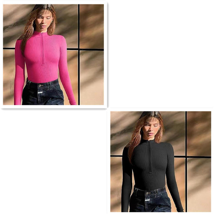 Fashionable bodysuit with long sleeves, zipper, seamless, figure-shaping, figure-flattering