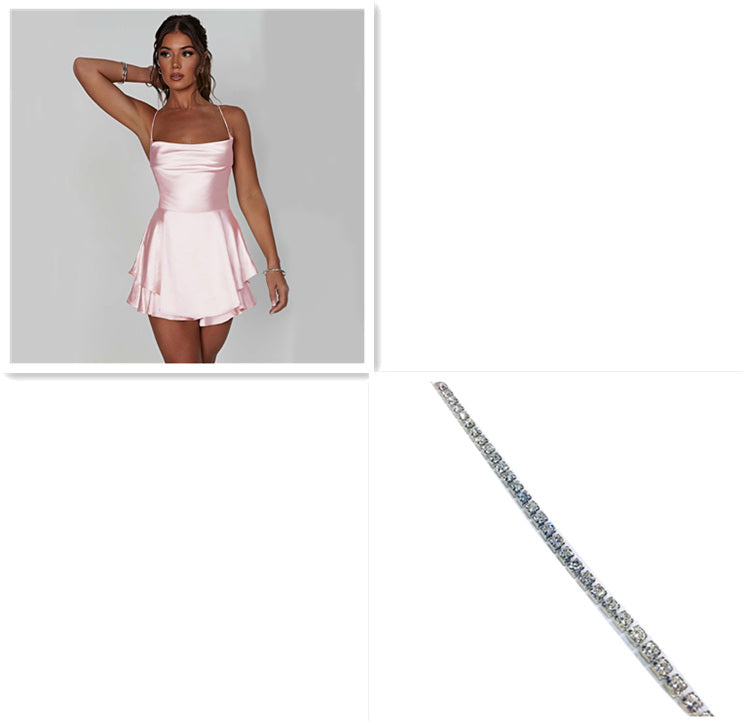 Elegant slim-fit satin dress, backless cut, lace-up A-line