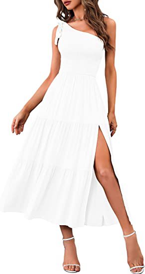 Einseitig schulterfrei plissiertes Schlitzkleid