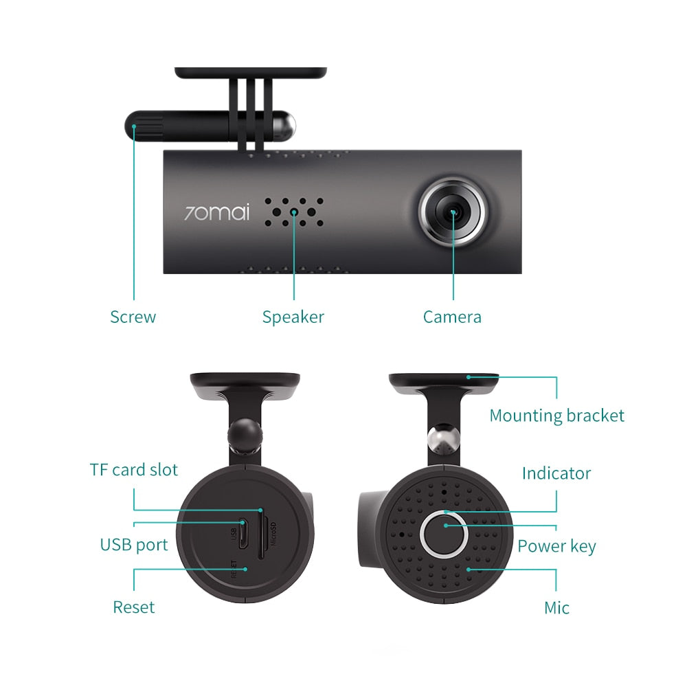Smart Wi-Fi car camera with 130° wide-angle lens, 1080p Full HD resolution, night vision function and G-sensor for recording journeys