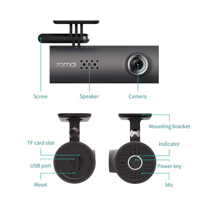 Smart Wi-Fi car camera with 130° wide-angle lens, 1080p Full HD resolution, night vision function and G-sensor for recording journeys
