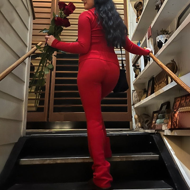 Reißverschluss Hoodie Hochtaillierte Lange Hose 2-Teiliges Set