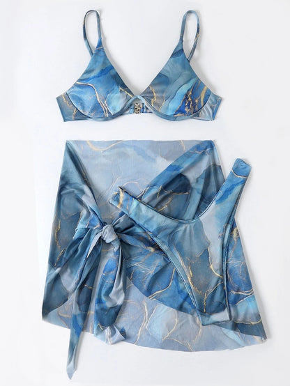 Marmormuster Push Up Trägertop Slip Sarong 3-teiliges Bikini-Set