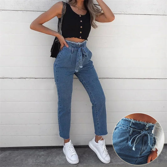 High-waisted washed pencil trousers plus size jeans denim