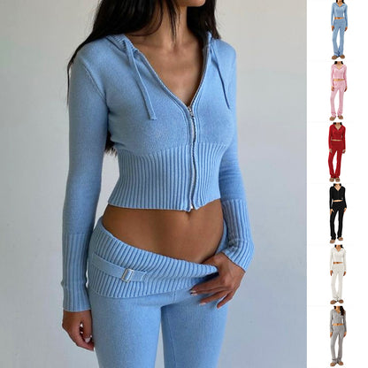 Reißverschluss Hoodie Hochtaillierte Lange Hose 2-Teiliges Set