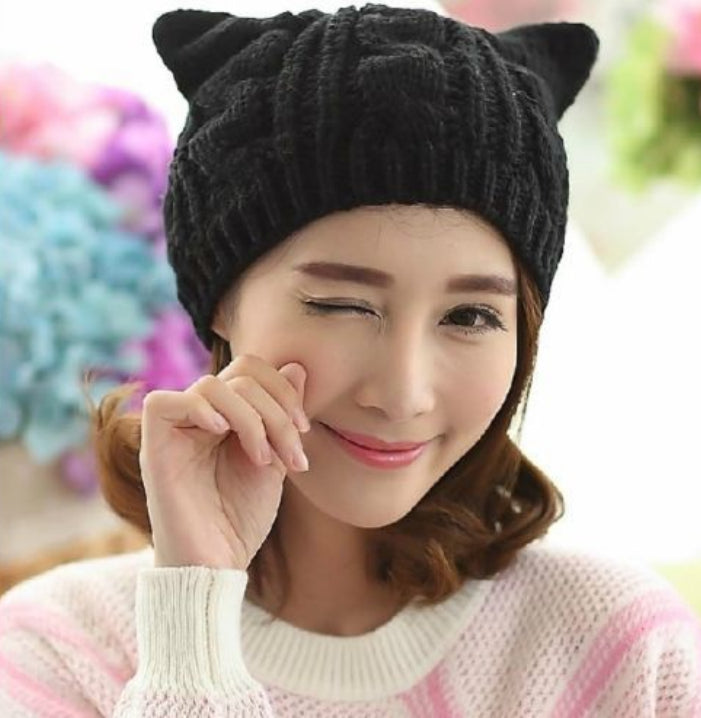 Handgefertigte Niedliche 3D Katzenohren Strickmütze