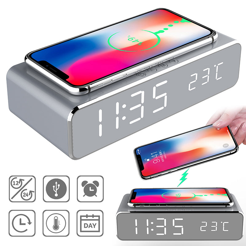 Drahtloses Thermometer Digitale HD-Spiegeluhr LED-Wecker Ladegerät