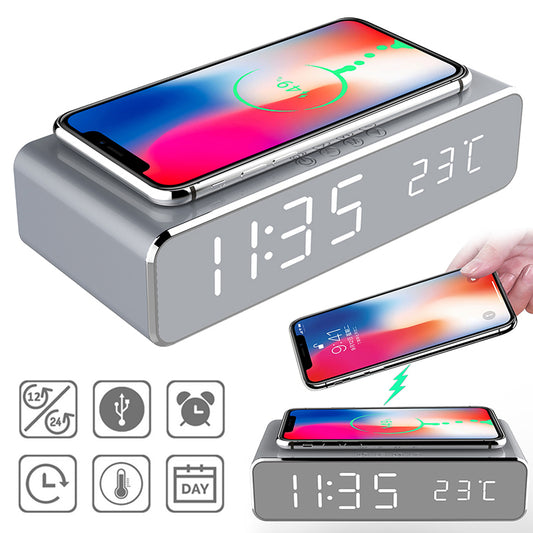 LED alarm clock with wireless charger, digital table alarm clock, thermometer, HD mirror clock and table decoration
