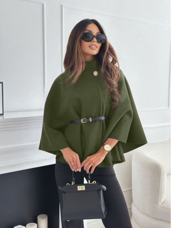 Stand-up collar, batwing sleeves, cape top, belt, fashionable, spirited jacket