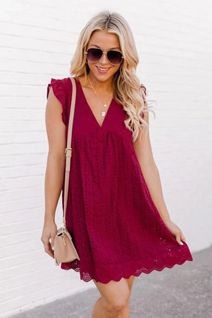 Jacquard V-Ausschnitt Tasche Cut Out Spitzen Kleid