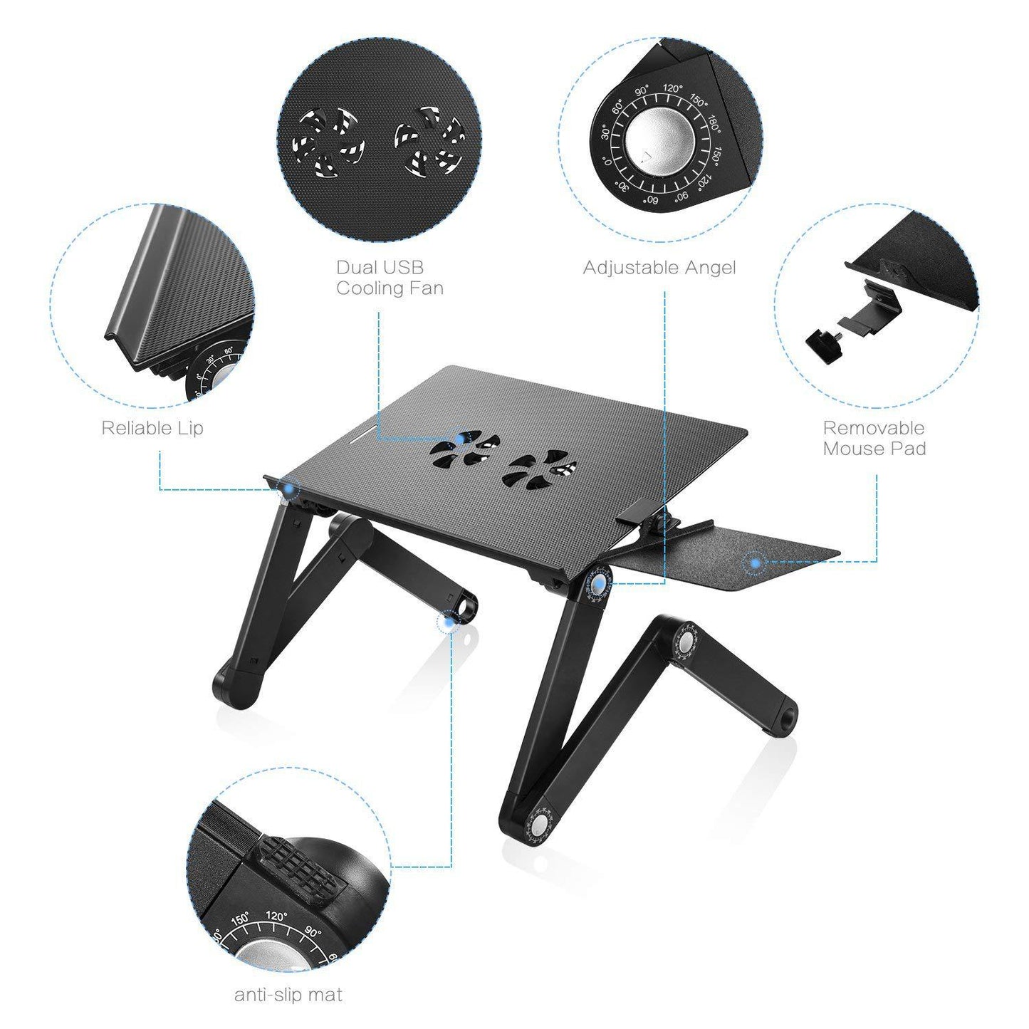 Foldable computer desk for notebooks with dual fans