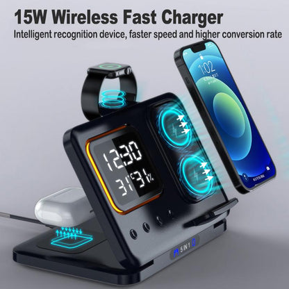 15W wireless charging station with 5-in-1 LED digital alarm clock and fast charging function