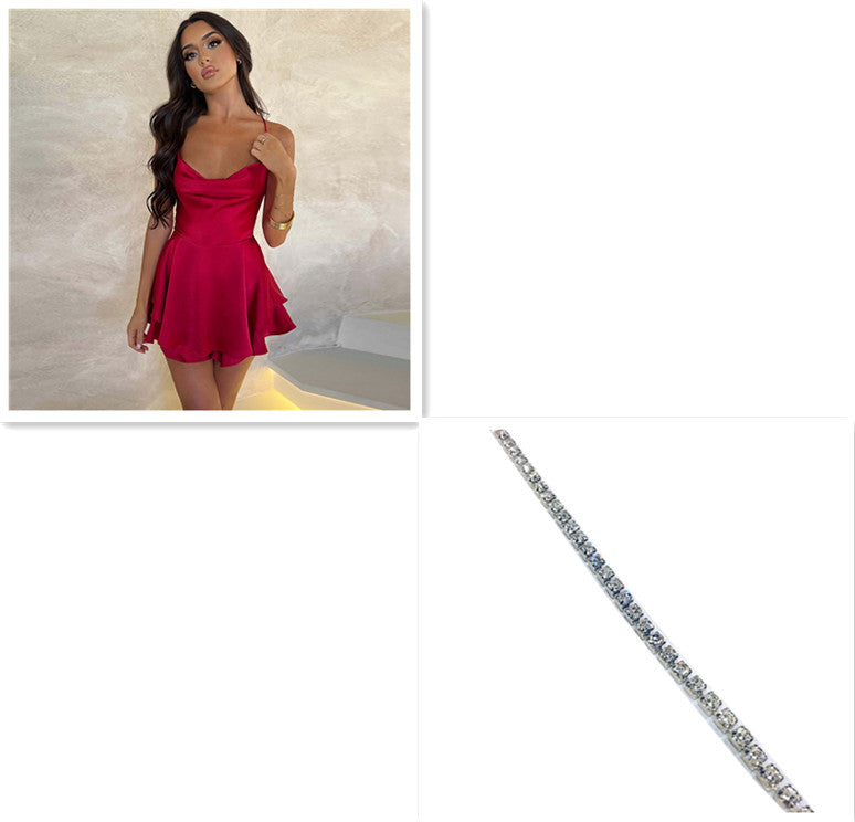 Elegant slim-fit satin dress, backless cut, lace-up A-line