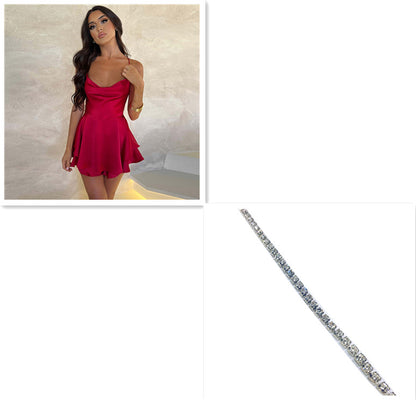 Elegant slim-fit satin dress, backless cut, lace-up A-line