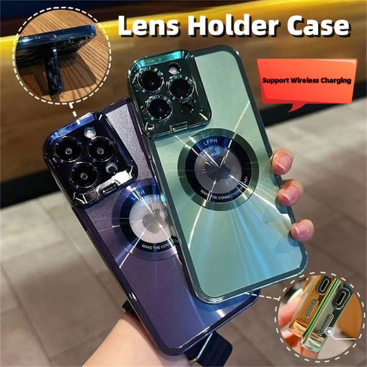 Galvanized luxury phone case with CD pattern, MagSafe mount for iPhone 12, 13, 14 Pro Max, invisible camera stand, lens holder, magnetic closure