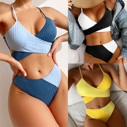 Patchwork Gerippter Knotenrücken Trägertop Slip 2-teiliges Bikini-Set