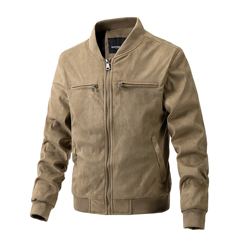 Stand-up collar, double zip pocket, suede jacket