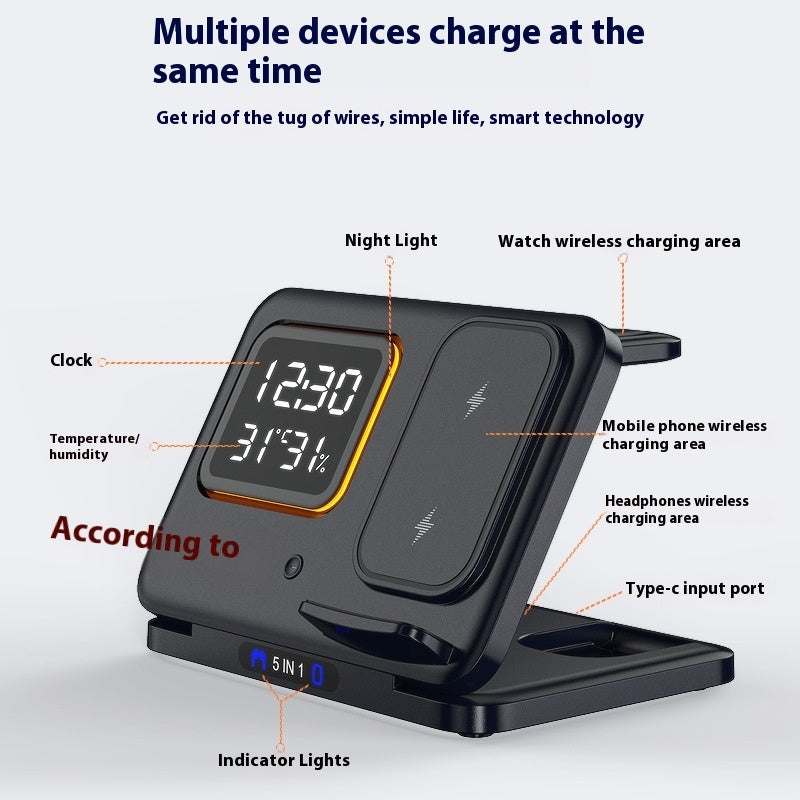 15W wireless charging station with 5-in-1 LED digital alarm clock and fast charging function