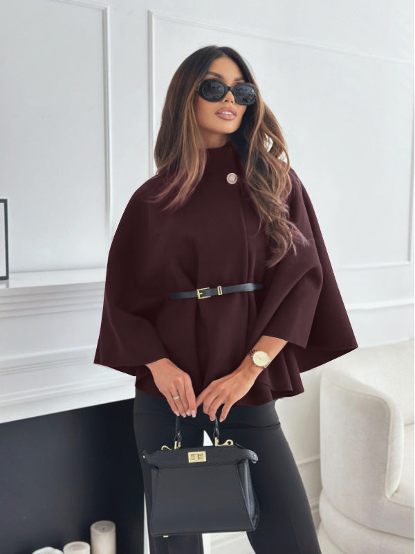 Stand-up collar, batwing sleeves, cape top, belt, fashionable, spirited jacket