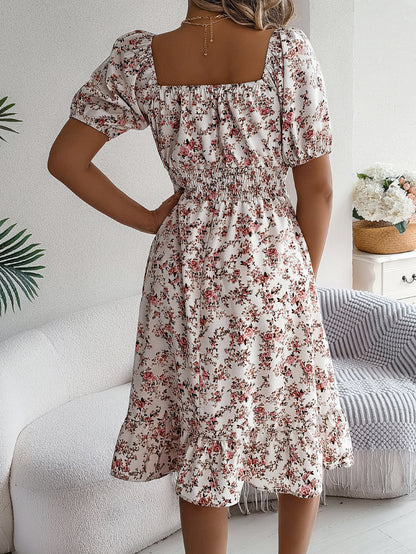 Floral pattern square collar ruffled dress