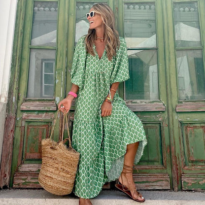Vintage Print Boho Stil Elegant V-Ausschnitt Kleid