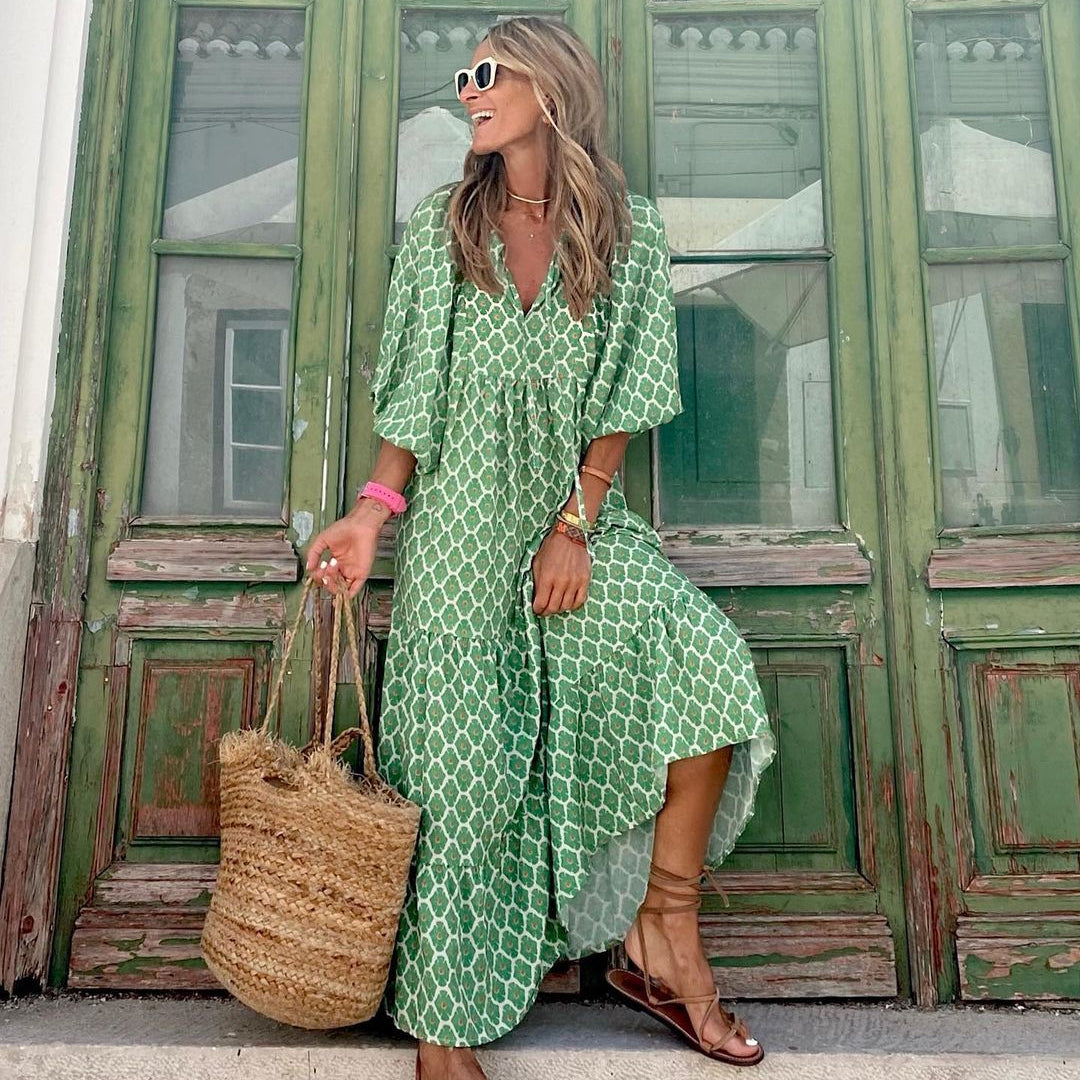 Vintage Print Boho Stil Elegant V-Ausschnitt Kleid
